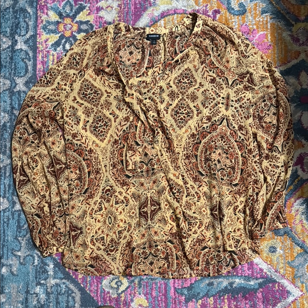 Torrid Floral Print Blouse in Brown and Tan 1x